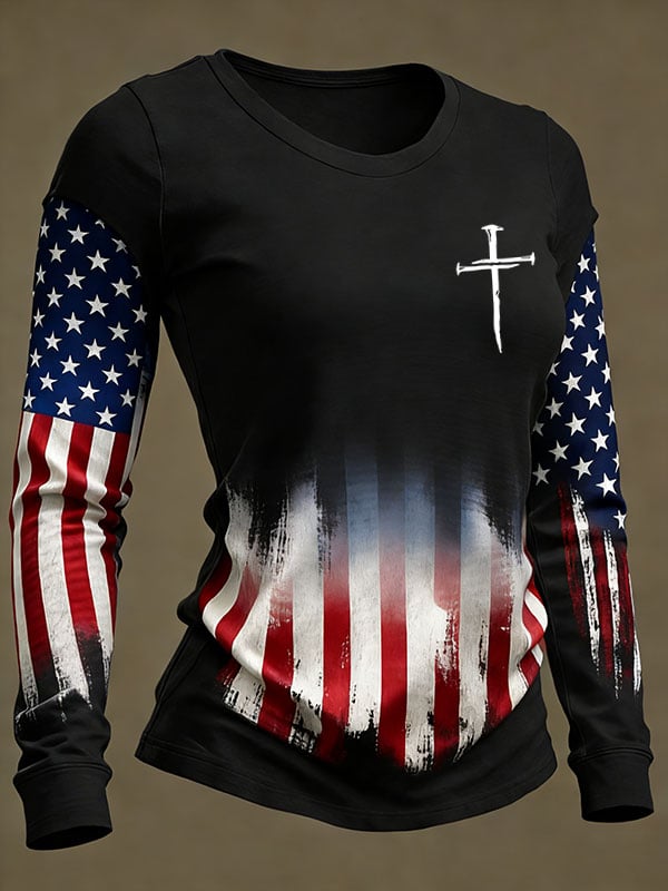 Women's Vintage American Flag FAITH Print Long-Sleeved T-Shirt