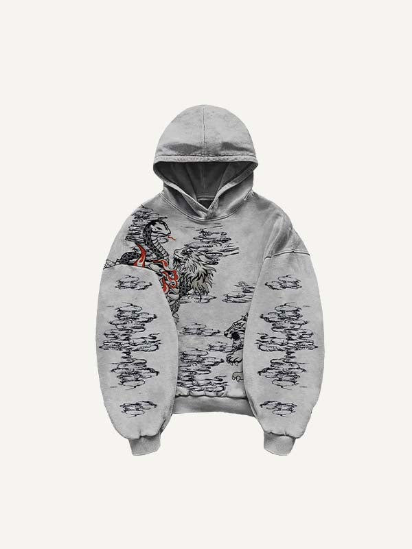 Dragon&Phoenix&Tiger&Snake&Graphic Print Slant Pockets Hoodie