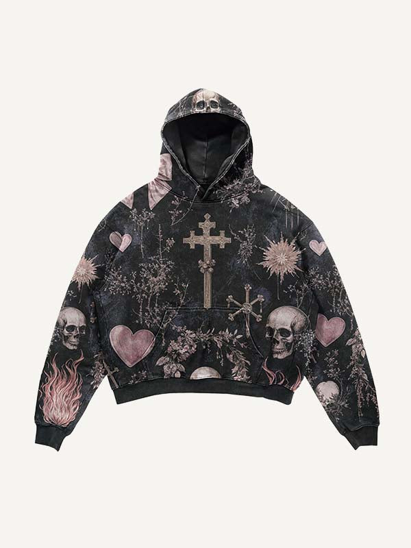 Skull&Fire&Heart&Floral Faux Decal Print Slant Pockets Hoodie