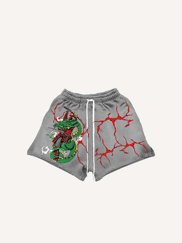 Warrior&Dragon&Letter Print Drawstring Waist Shorts