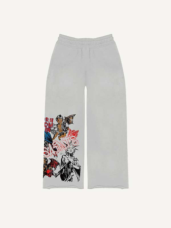 Angel&Pray&Cross&Wing&Letter&Graphic Print Elastic Waist Pants