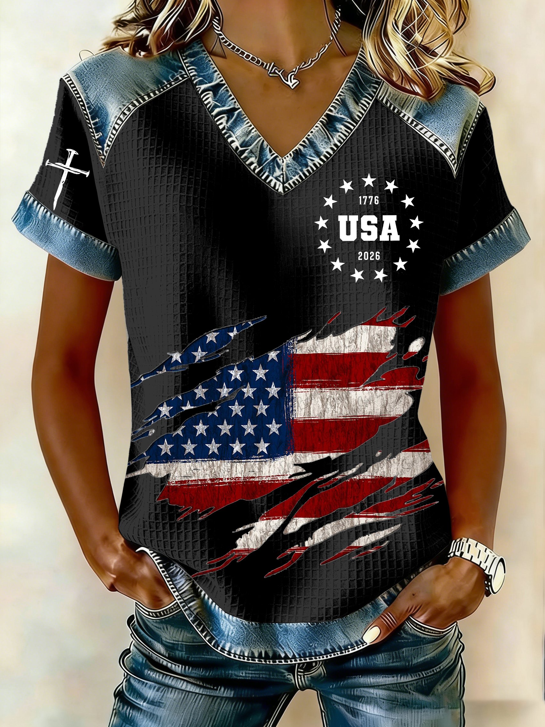 Women's 250th America Anniversary Casual Printed Waffle Knit Short-Sleeved T-Shirt