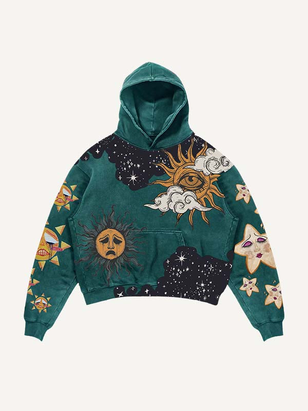 Sad Sun&Moon&Eye&Cloud&Graphic Print Slant Pockets Hoodie