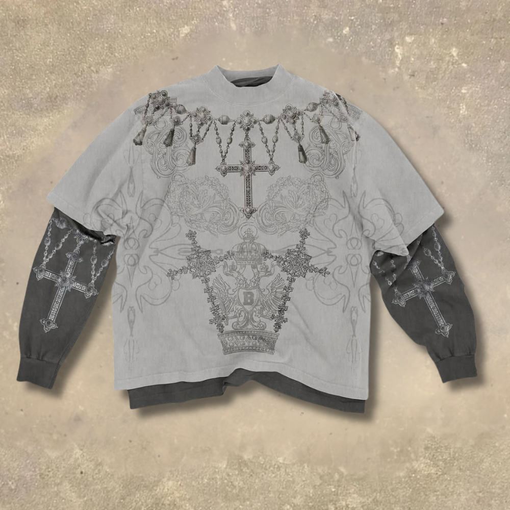 Gothic Cross Crown Chain Fake Two-Piece Shirt