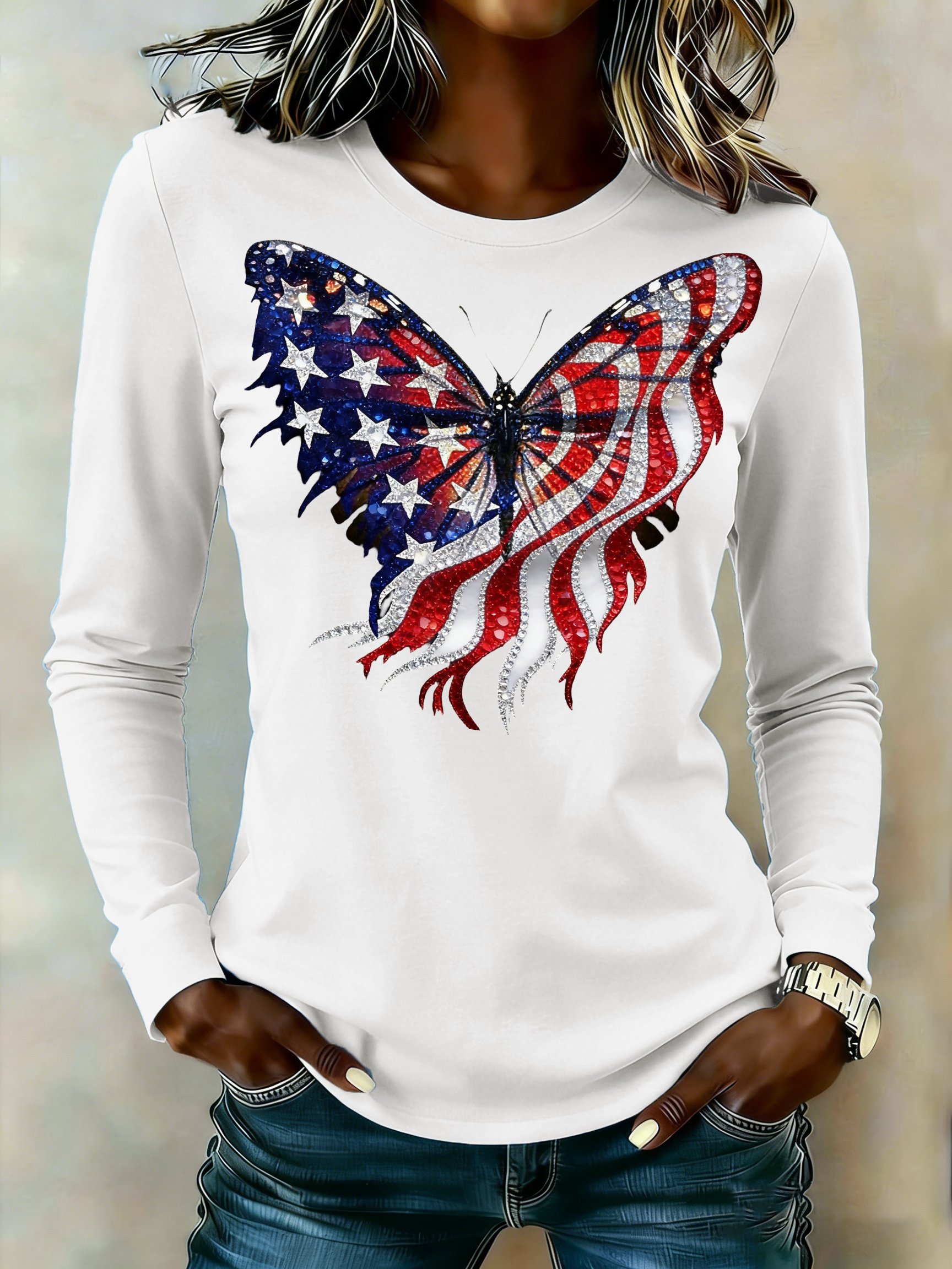 Women's casual retro patriotic red, yellow, and blue butterfly long-sleeved T-shirt