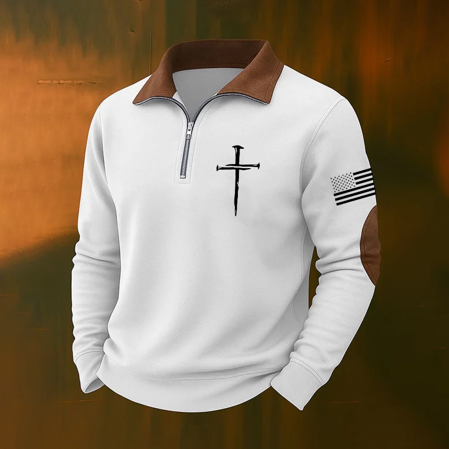 Men's Vintage Faith Cross Design Zipper Sweatshirt