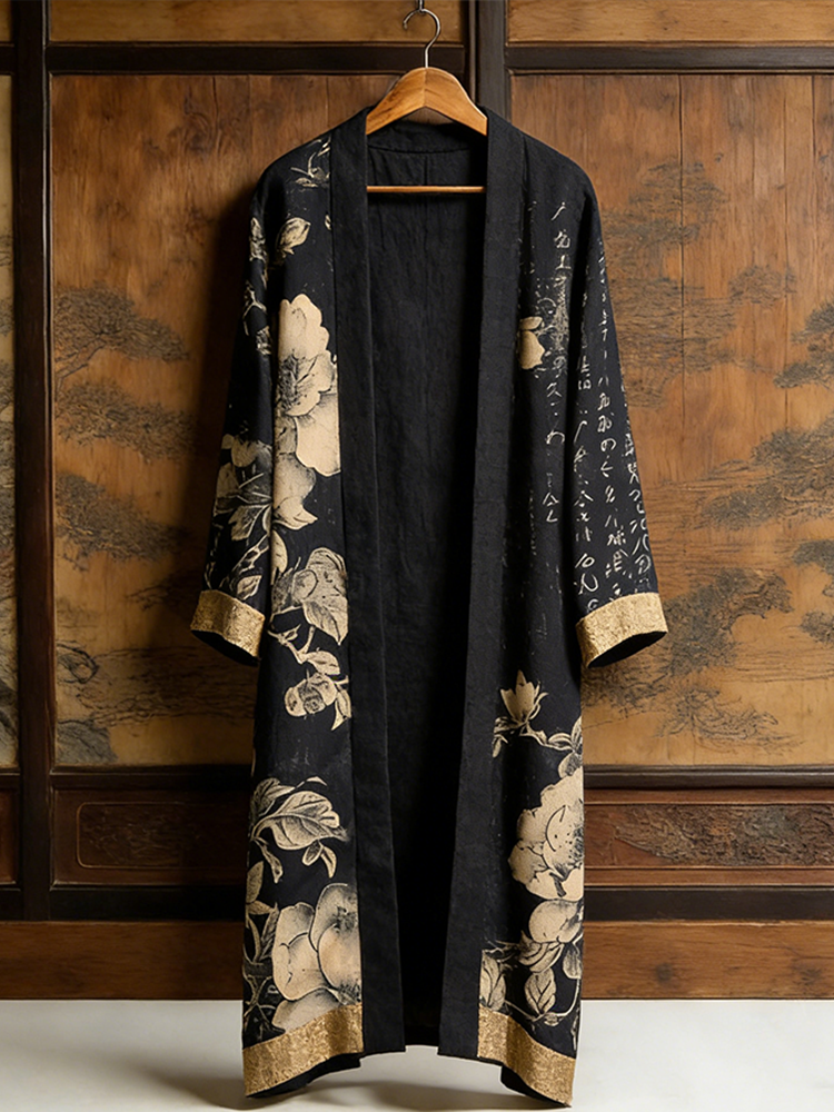 Japanese Art Retro Plants And Flowers Printed Long Cardigan