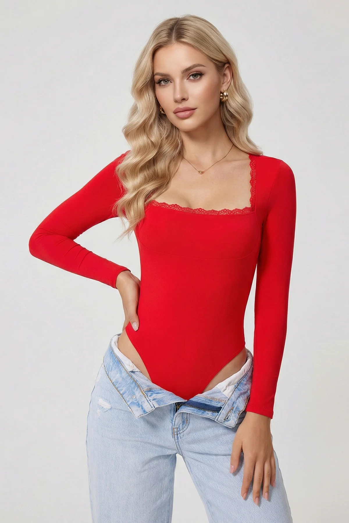 KatchMe Women's Workout Solid Color Lace Trim Long Sleeve Seamless Bodysuit, Stretchy Sport & Outdoor Clothing, Versatile Gymclothing, Shapewear Bodysuit