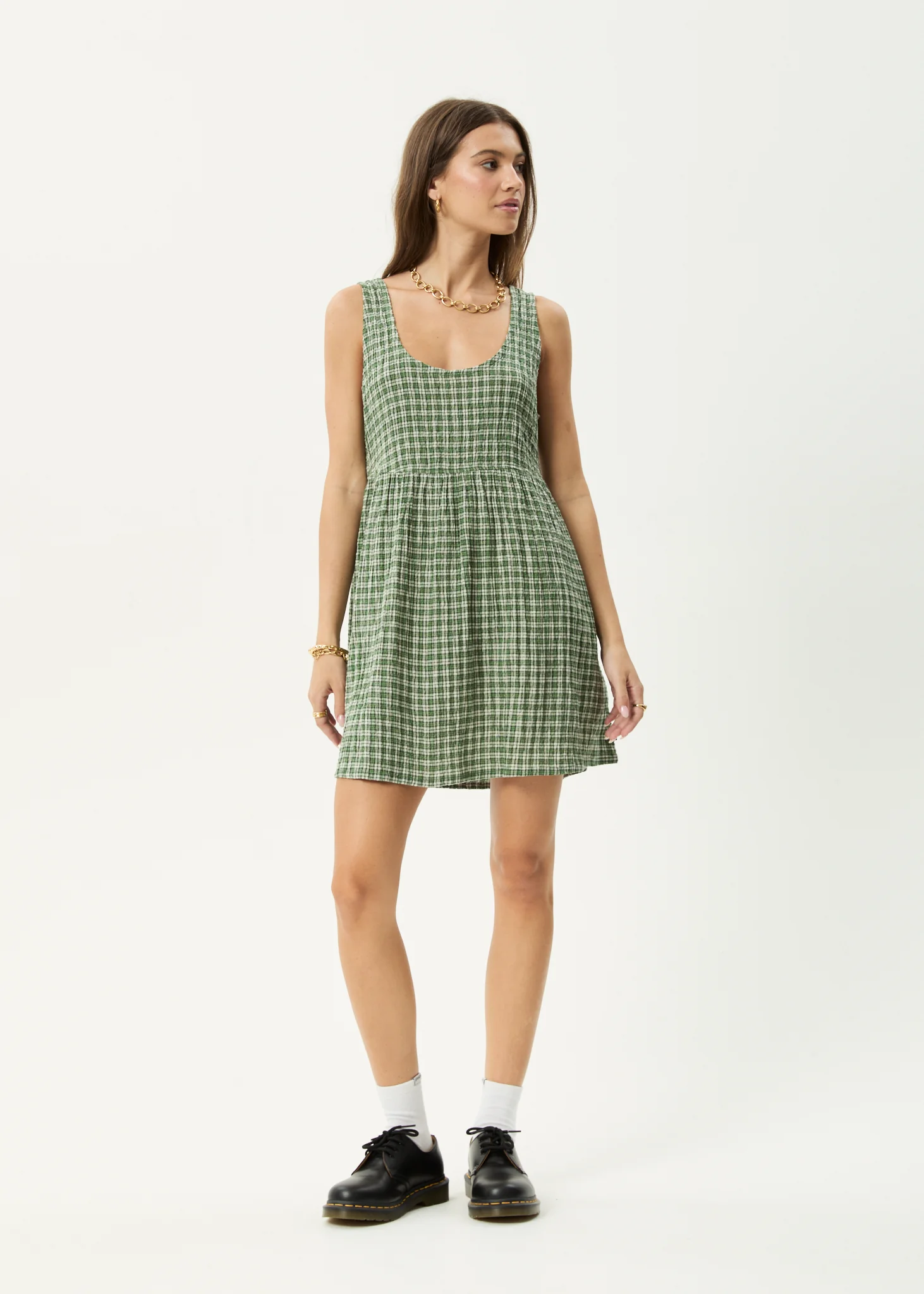 AFENDS Womens Jesse - Seersucker Mini Dress - Deep Green Check
