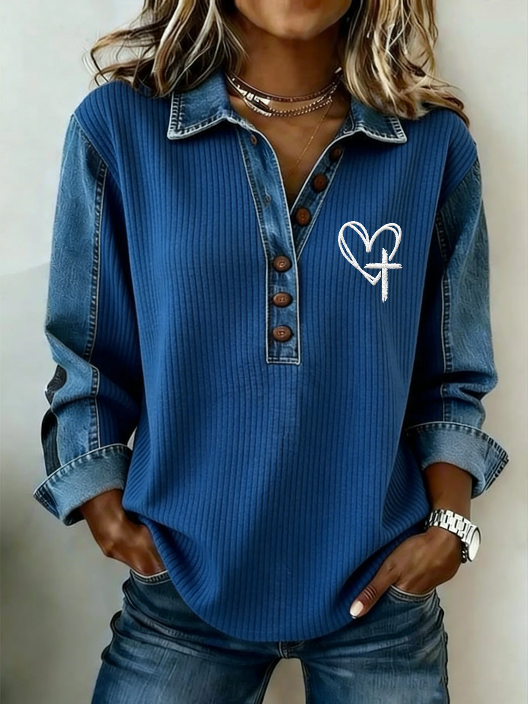 Women's Winter Fashion Casual Faux Denim Print Top-Fast Shipping