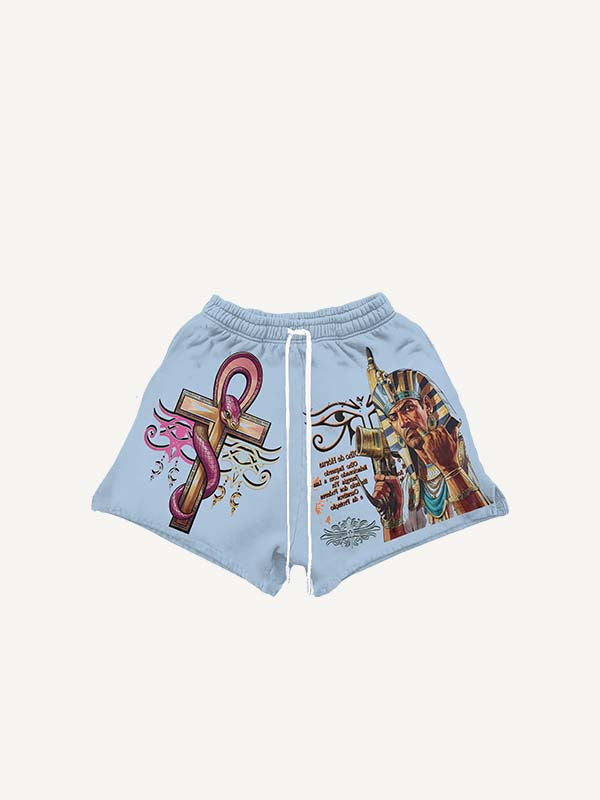 Figure&Cross&Eye&Snkae&Letter Print Drawstring Waist Shorts
