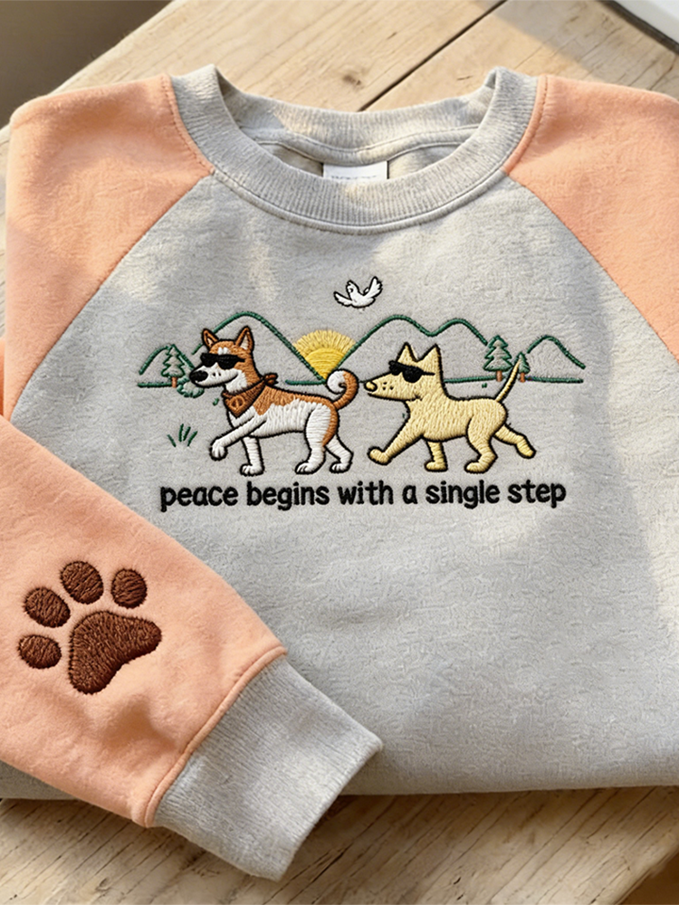 Peace Dog Pattern Color-blocked Casual Round Neck Sweatshirt