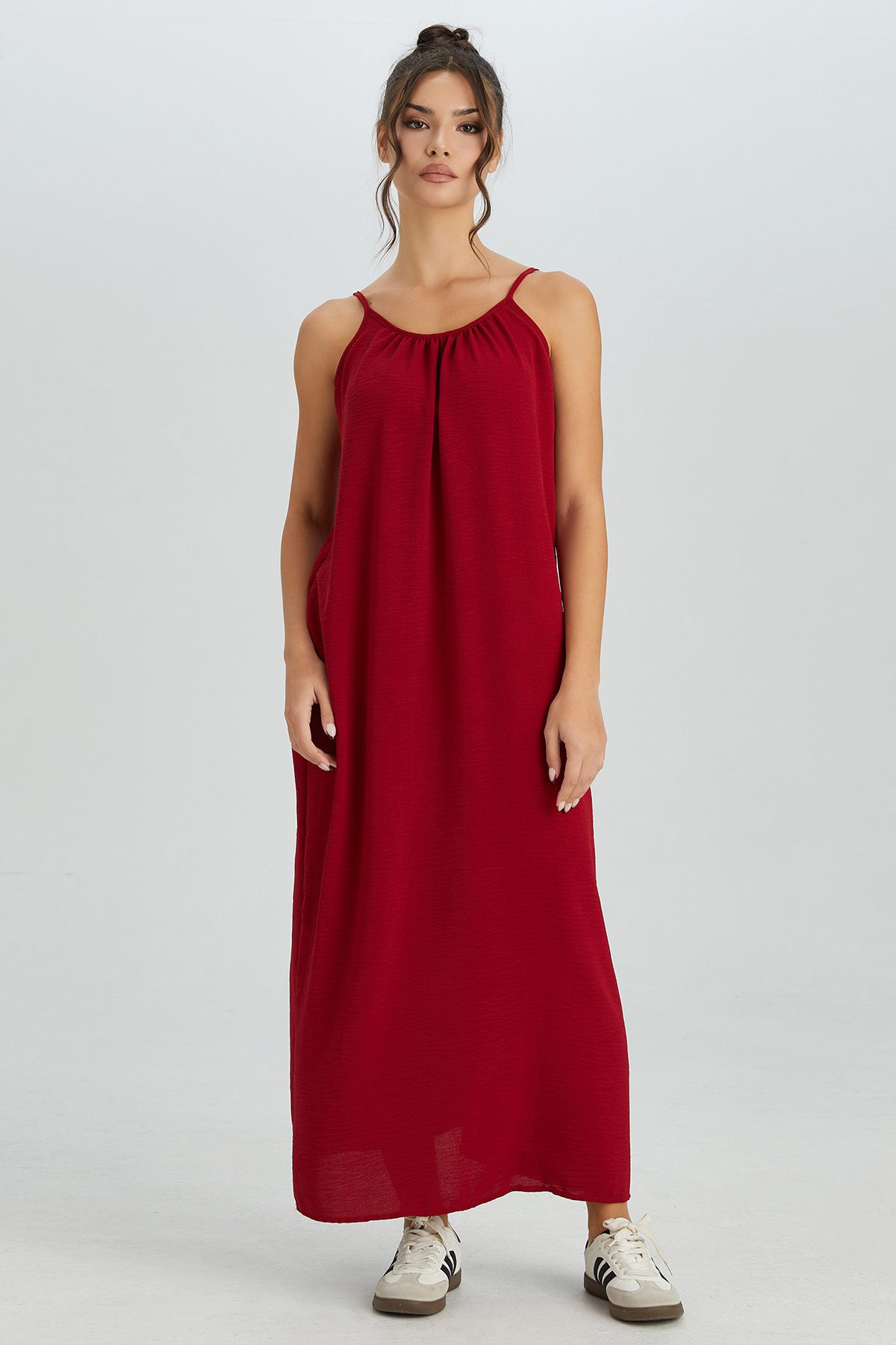 KatchMe Women's Breezy Solid Color Thin Strap Ruched Low Back Loose Maxi Dress, Elegant Adjustable Tie Backless Dress, Summer Sleeveless Women's Clothing for Beach