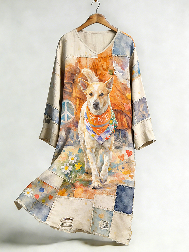 Women's Retro Walk For Peace Monk Aloka Dog Linen V-neck Dress