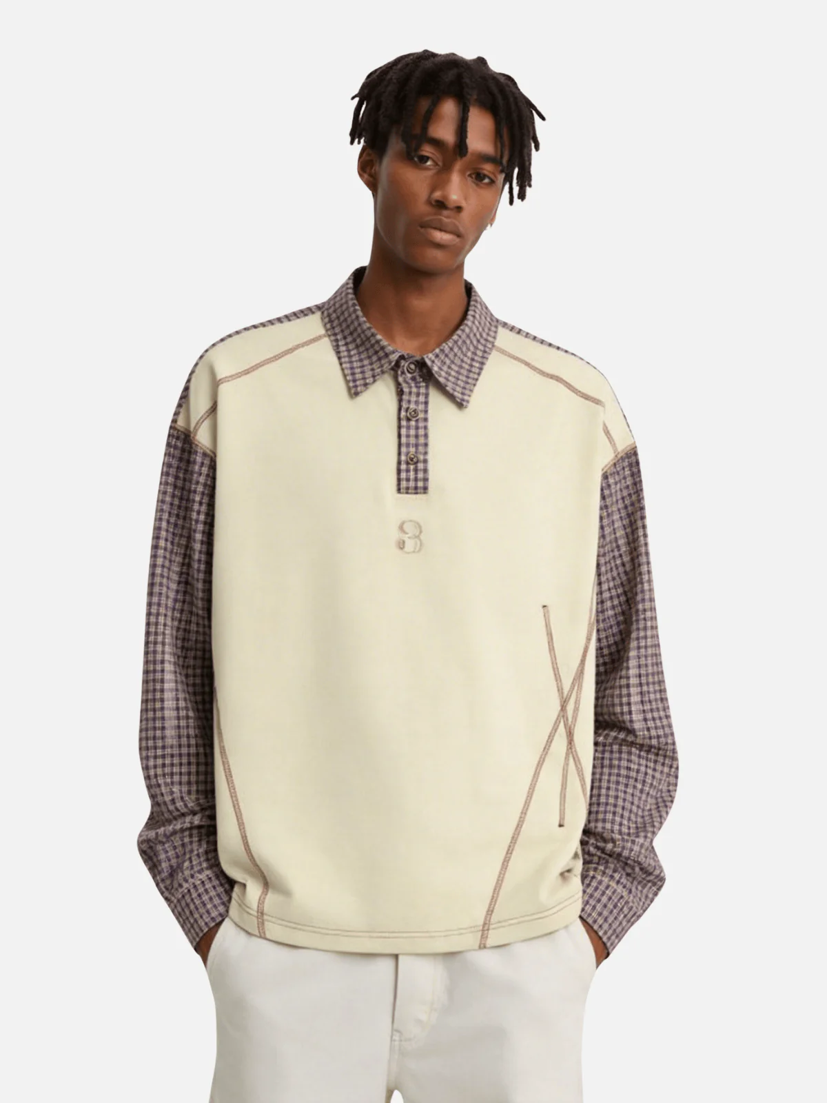 Aelfric Eden Contrast Panel Plaid Polo Long Sleeve Tee