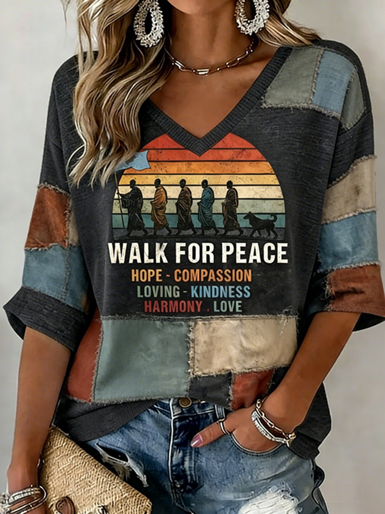 Vintage Walk For Peace In Patchwork Art Embroidered Print T-shirt