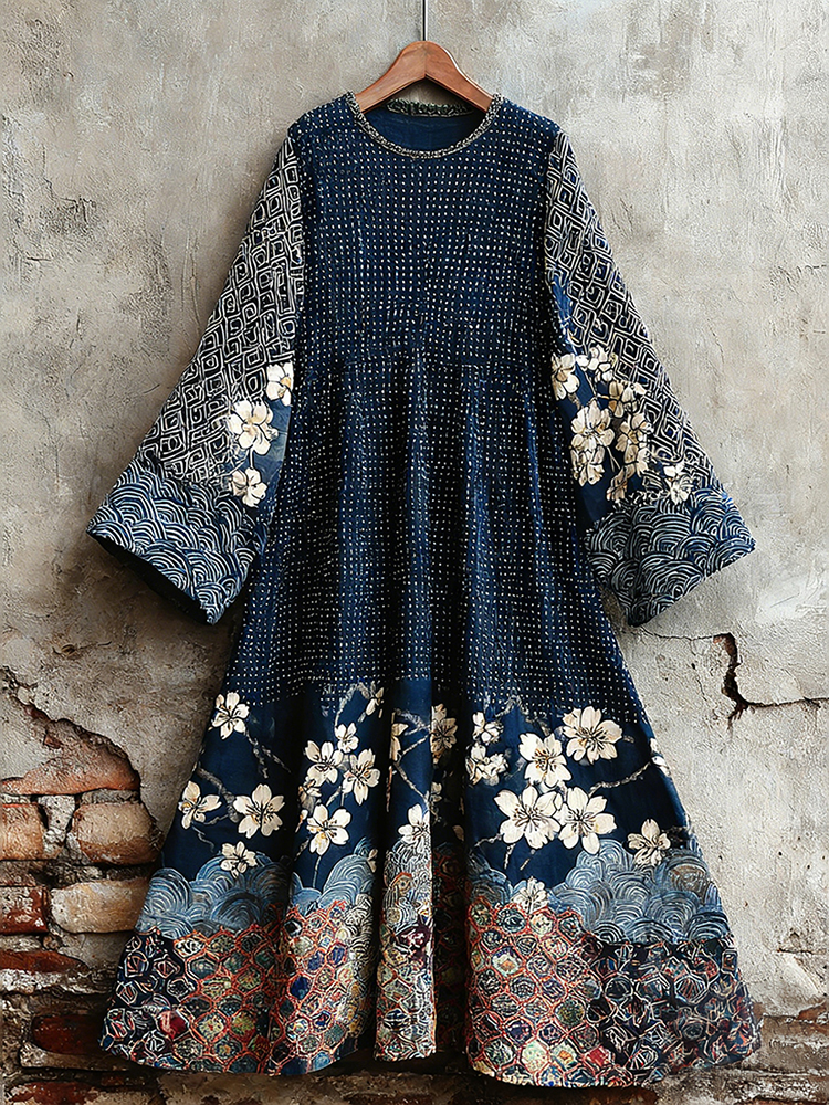 Women's Traditional Japanese Sashiko Art Round Neck Dress