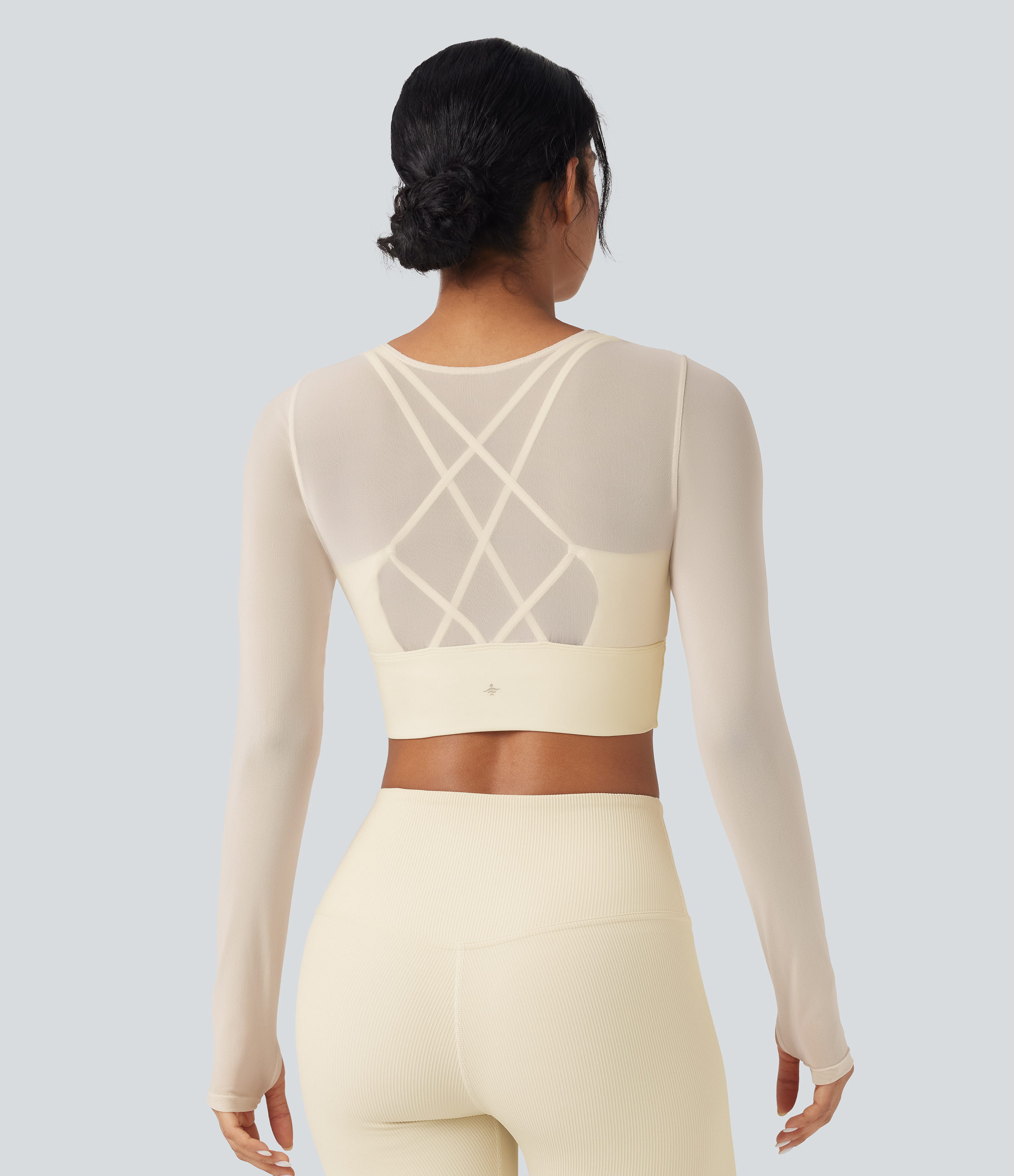 Contrast Mesh Long Sleeve Thumb Hole 2-in-1 Cropped Yoga Sports Top