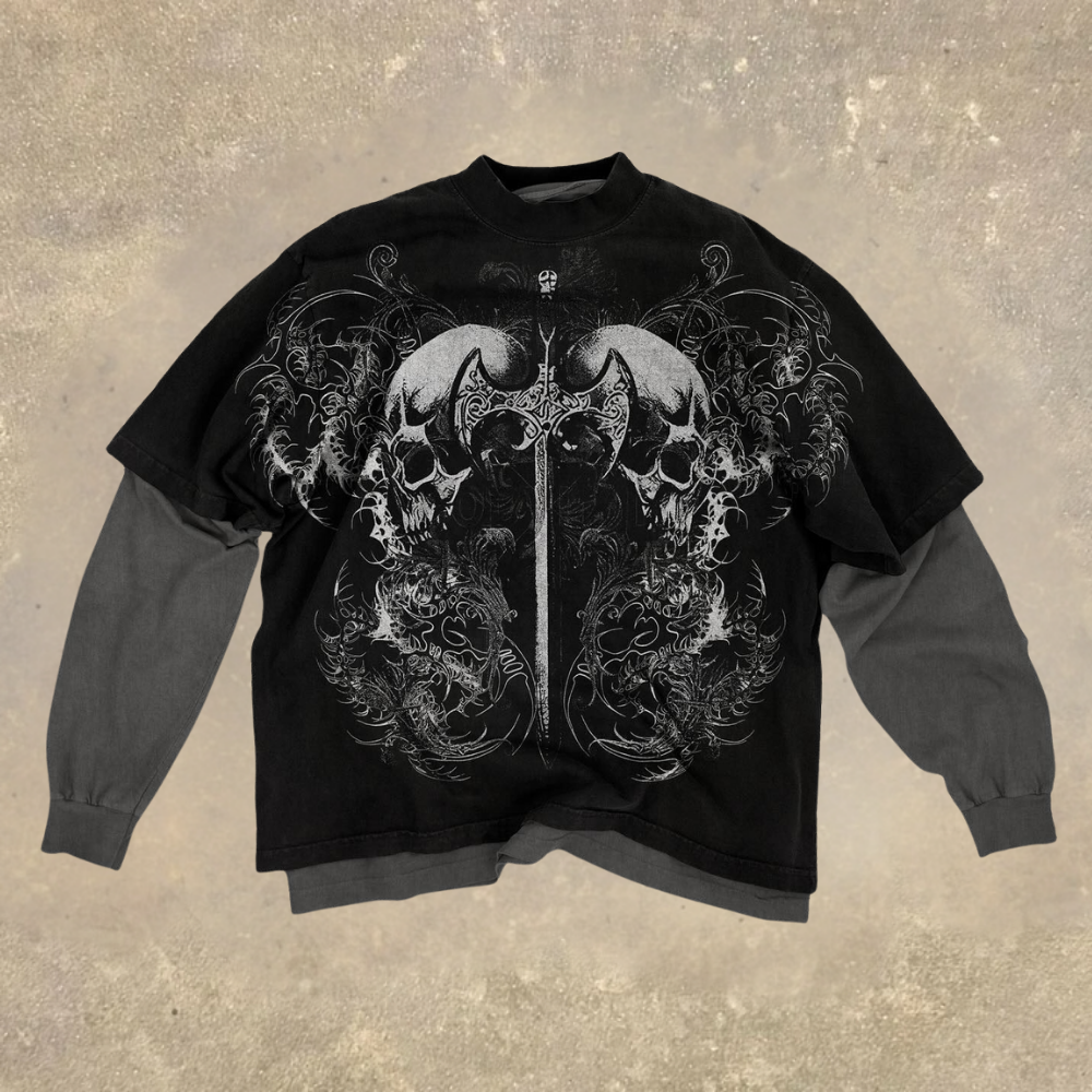 Skull & Sword Gothic Pattern Layered Long Sleeve T-shirt