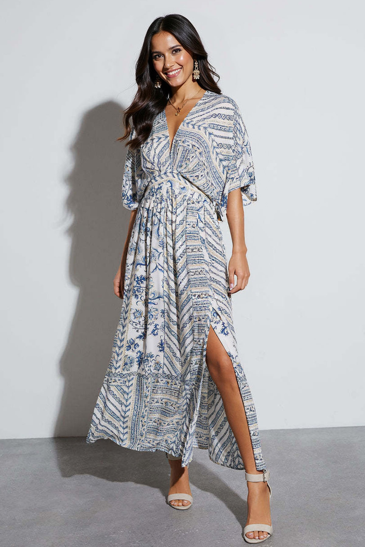 Classy Allover Print Batwing Sleeve Side Slit Maxi Dress
