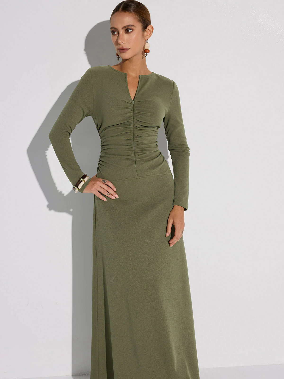 Zipper-Front Ruched Maxi Dress