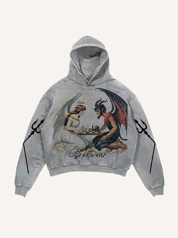 Angel&Demon&Little Devil Print Slant Pockets Hoodie