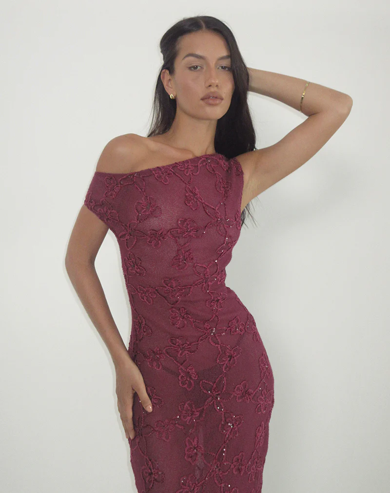 Kaido Midi Dress in Sequin Knit Burgundy