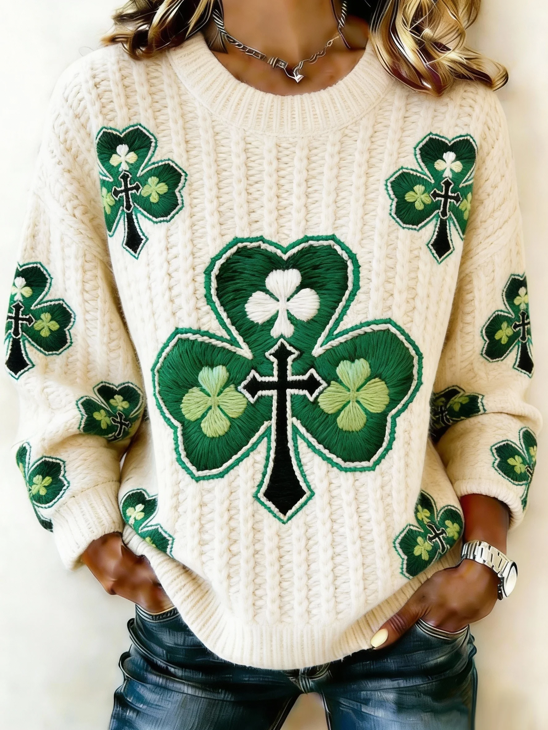 Women's St Patrick Print Knit Sweater-Fast Shipping