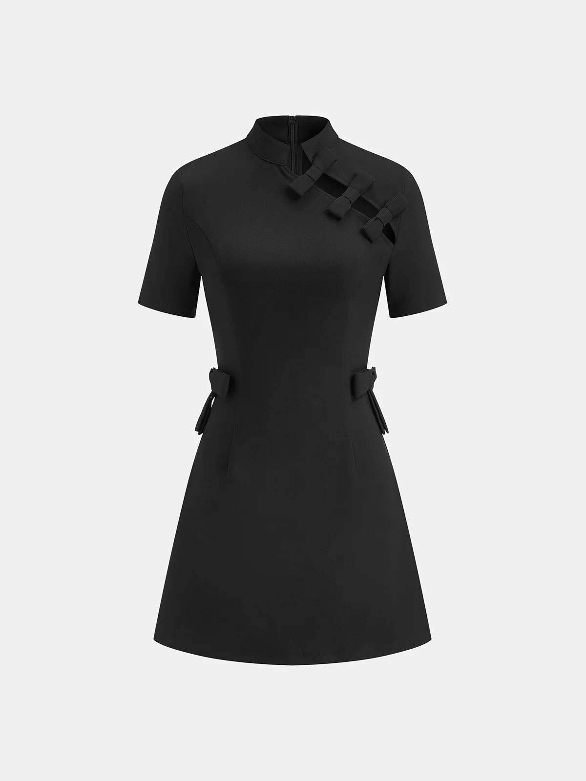 Bow Cut-Out Stand Collar Short Sleeve Dress