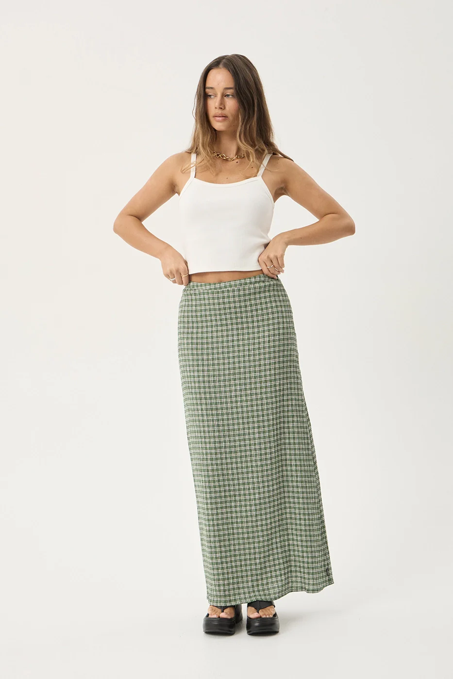 AFENDS Womens Base - Seersucker Maxi Skirt - Deep Green Check