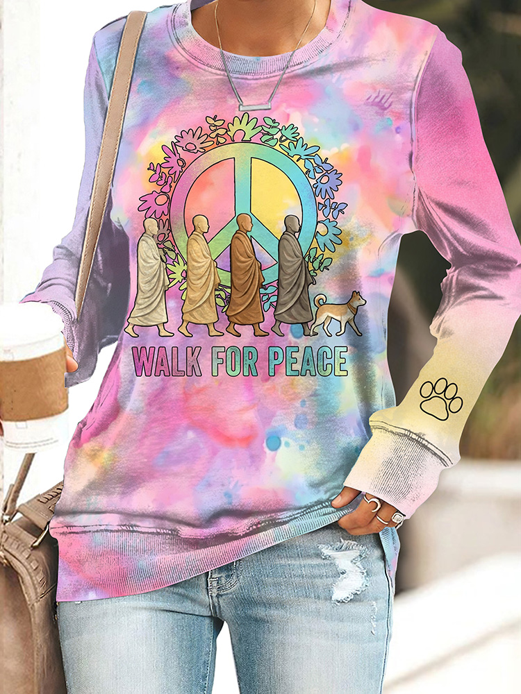 Women's Walk For Peace Monks With Aloka Dog Print Casual Sweatshirt