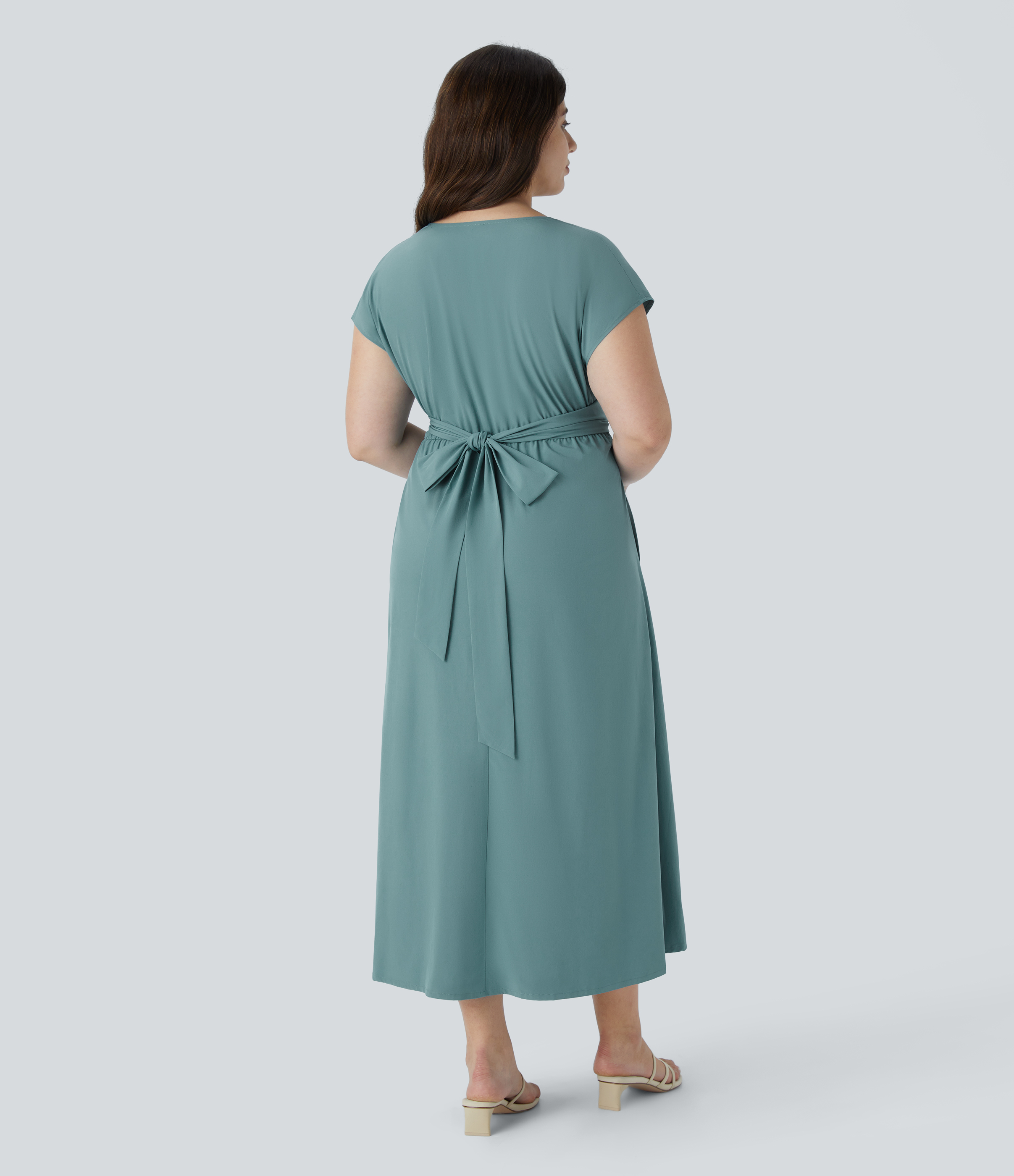 Breezeful™ V Neck Short Sleeve Pocket Tie Back Quick Dry Midi Casual Plus Size Dress