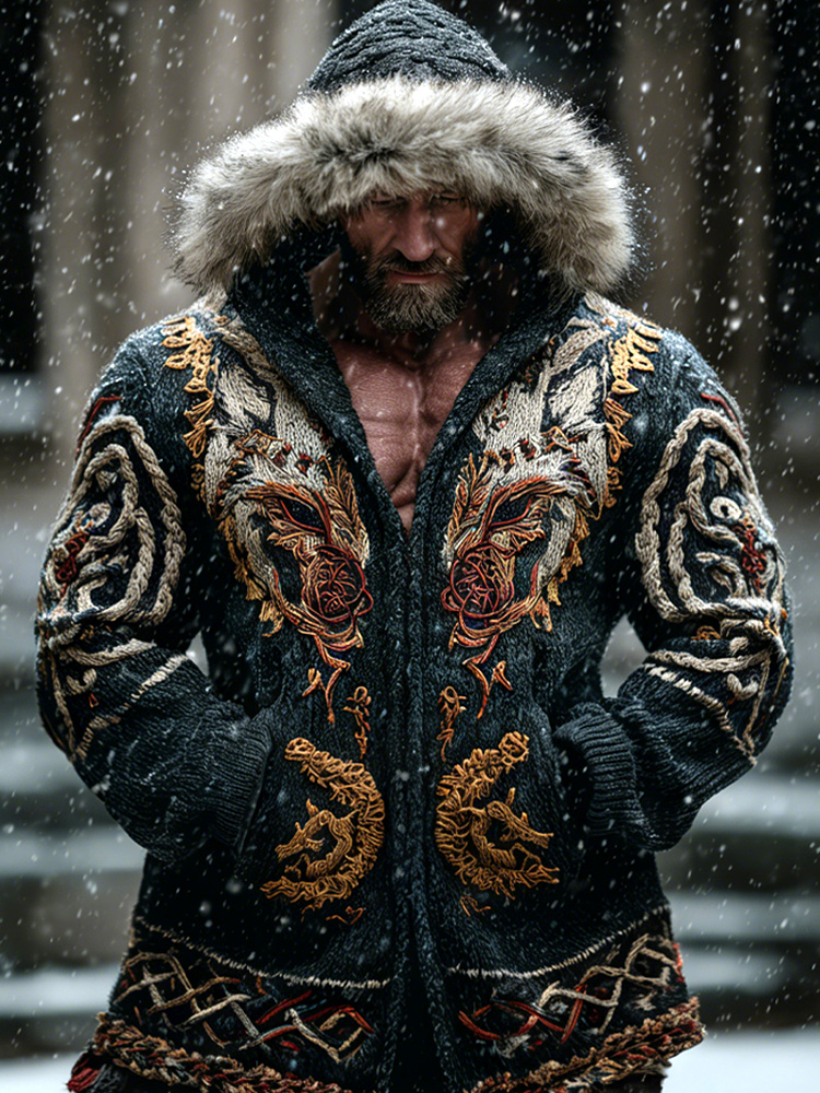 Men's Retro Viking Wolf Embroidered Print Hooded Jacket