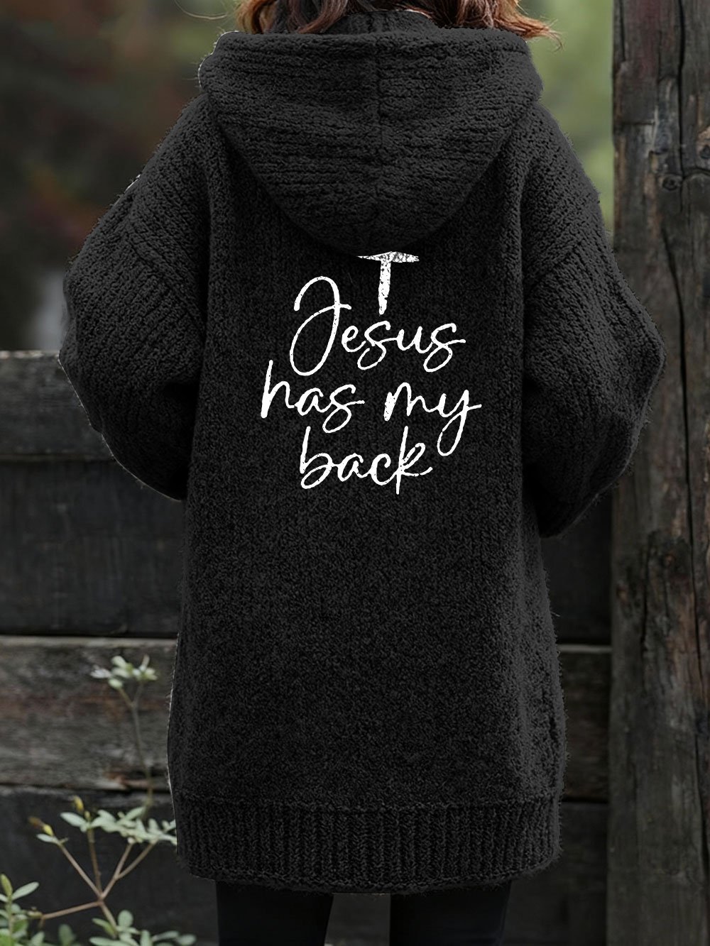 Women's Jesus Has My Back Printed Warm Knit Cardigan