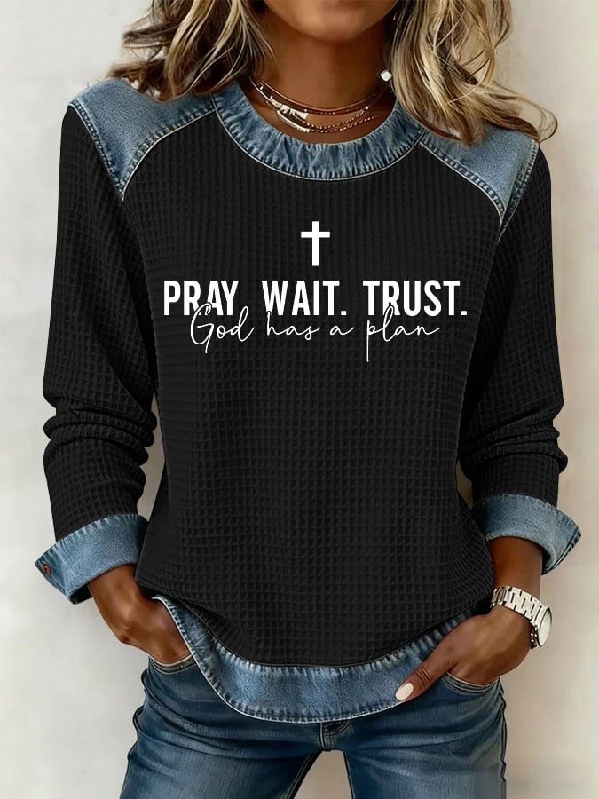 Women's Faith Print Patchwork Collar Sweatshirt
