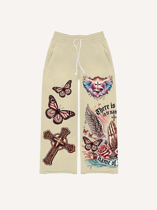 Jesus&Cross&Heart&Wing&Pray&Butterfly&Floral&Letter Print Elastic Waist Pants