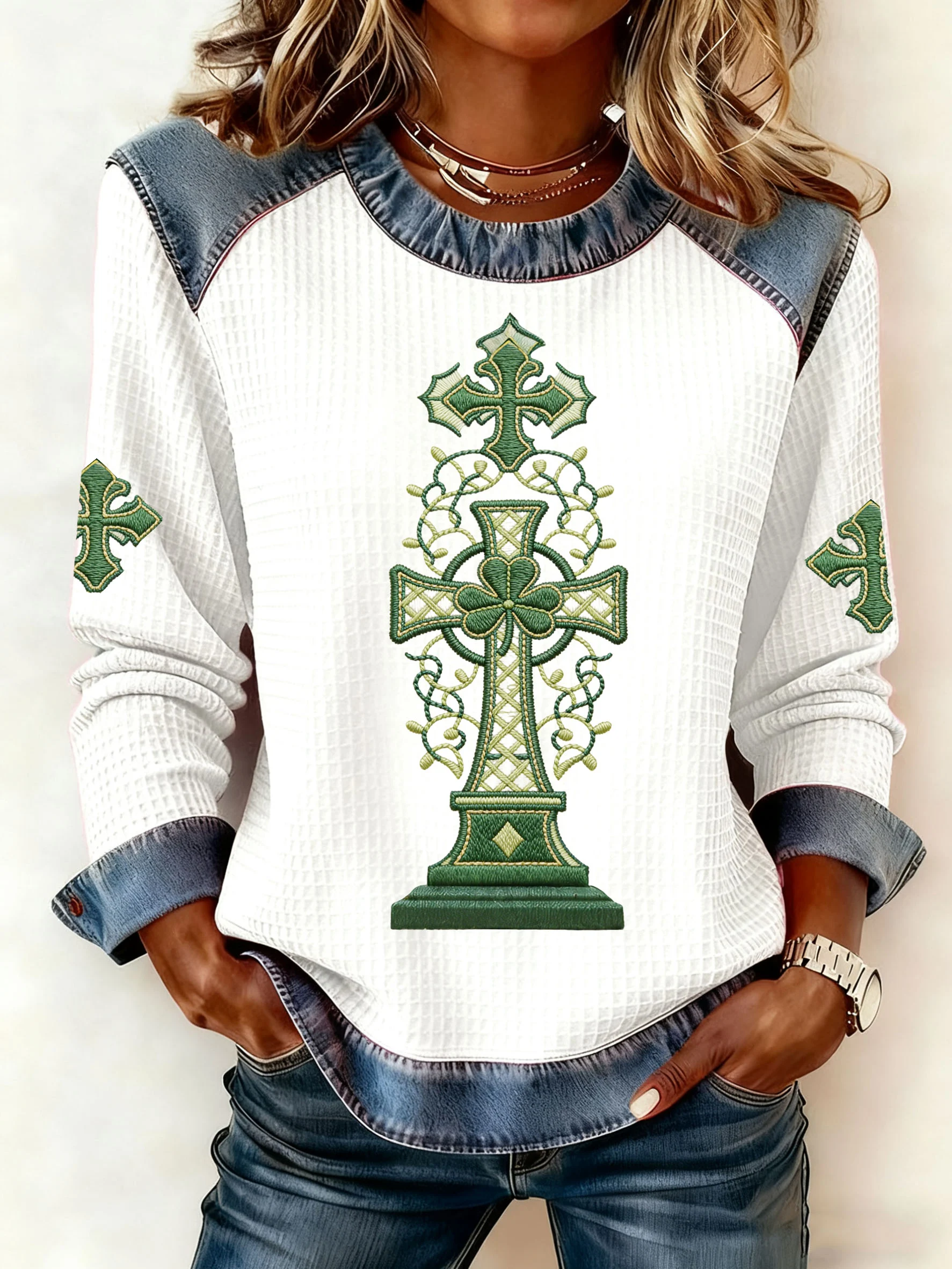 Women's Autumn/Winter St. Patrick's Day Faux Denim Print Top