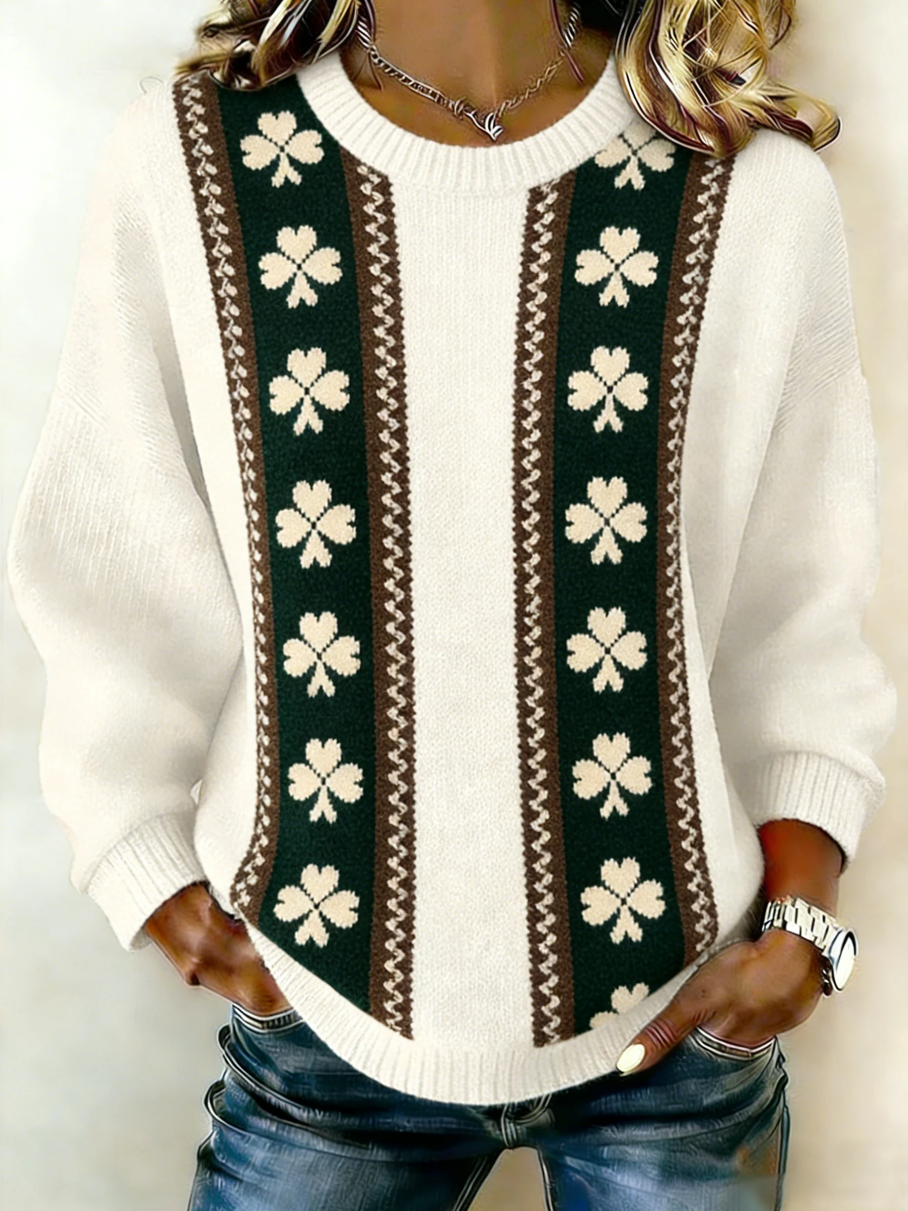 Women's St. Patrick's Day Print Knit Crew Neck Long Sleeve Top