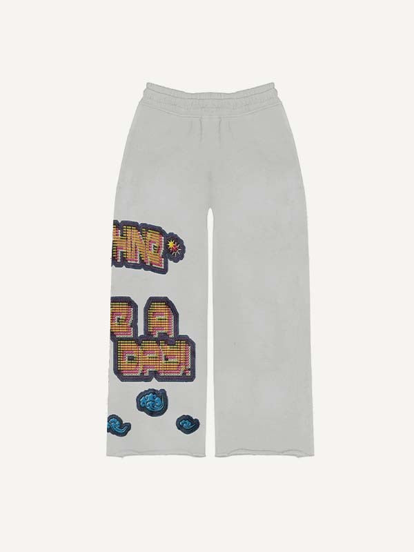 Evil Sun&Cloud&Letter Faux Decal Print Elastic Waist Pants