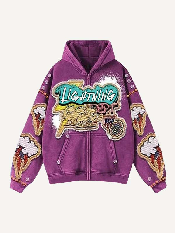 Cloud&Lightning&Graphic&Letter Faux Decal Print Zip Up Hooded Coat
