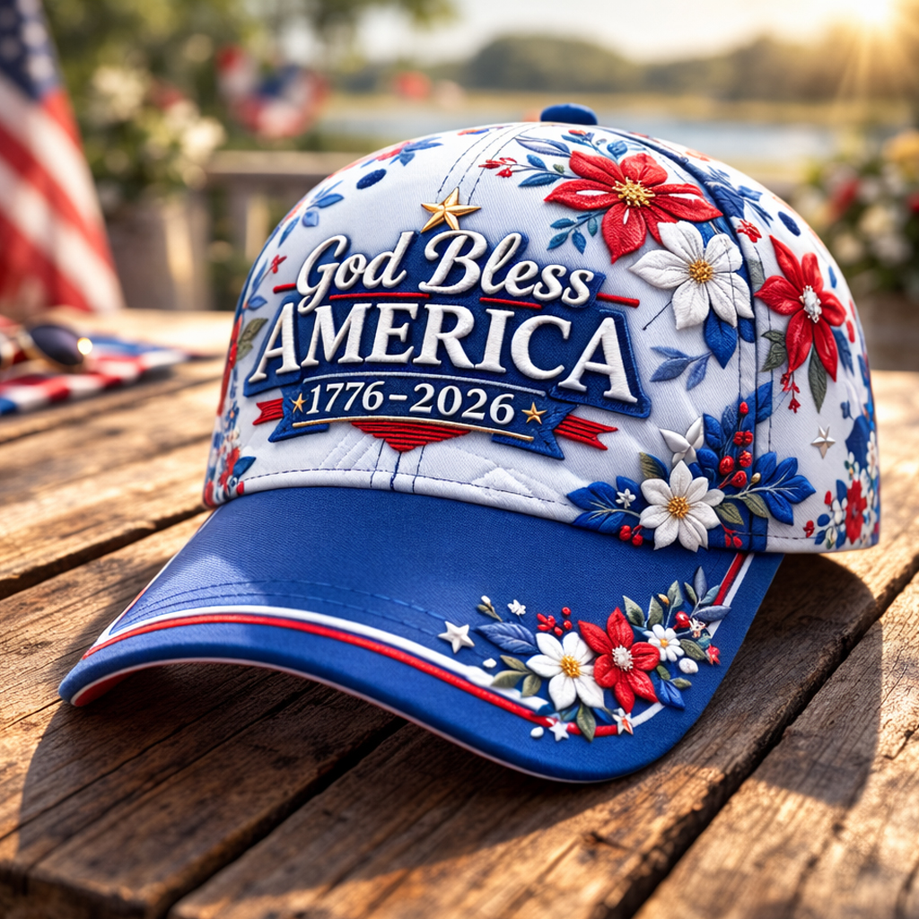 God Bless America 1776-2026 Patriotic Floral Embroidered Baseball Cap – 250th Anniversary USA Hat