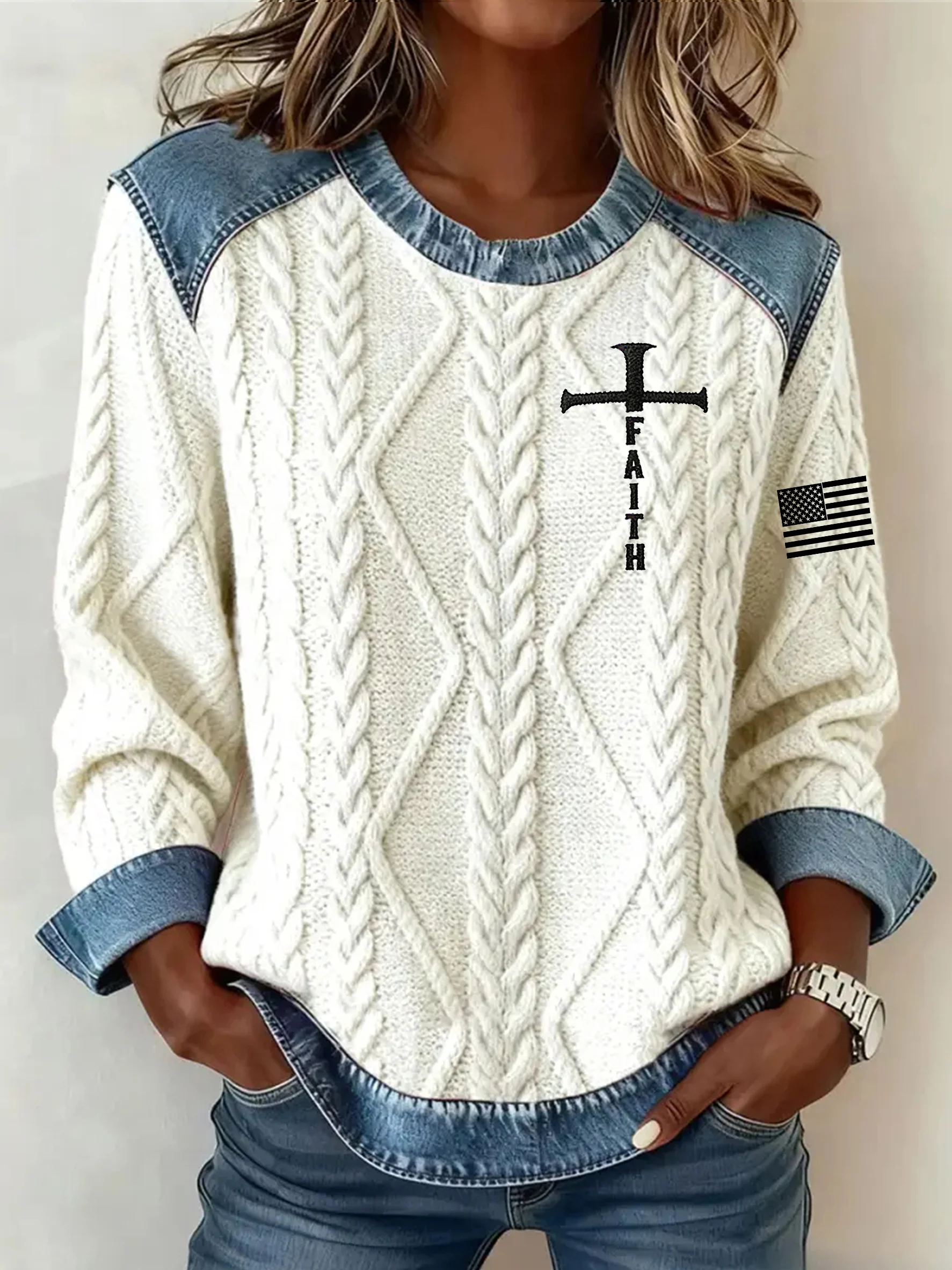 Women's Faith  Denim-Like Print Top-Fast Shipping