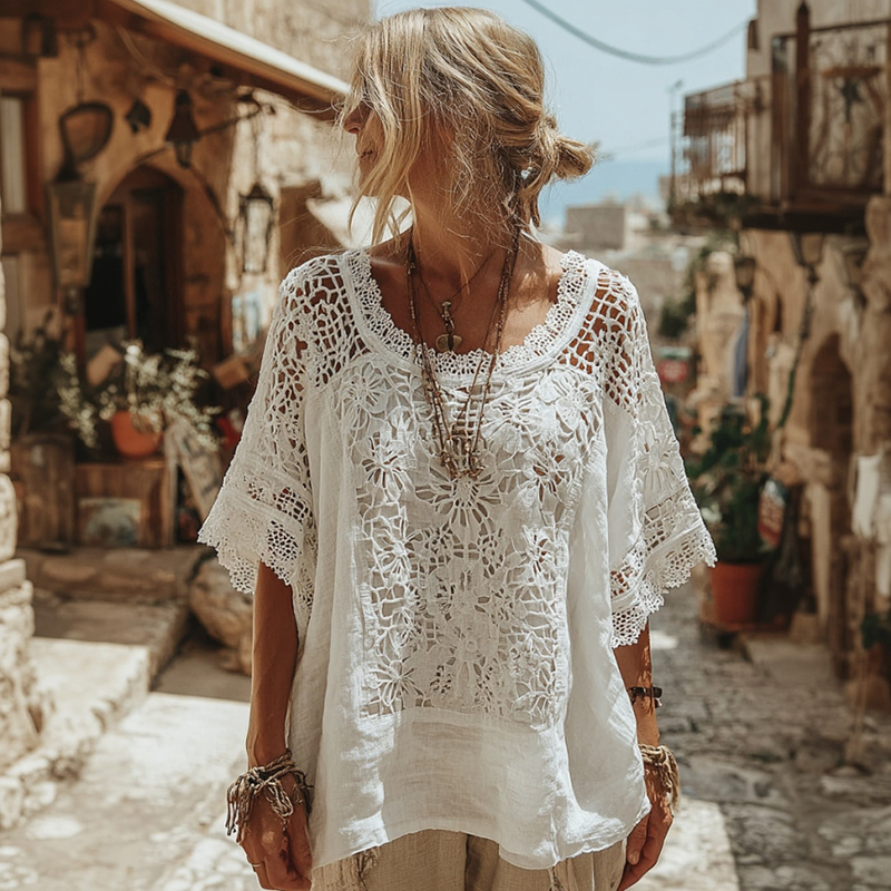 Women's Lace Embroidered Floral Linen Crew Neck T-shirt