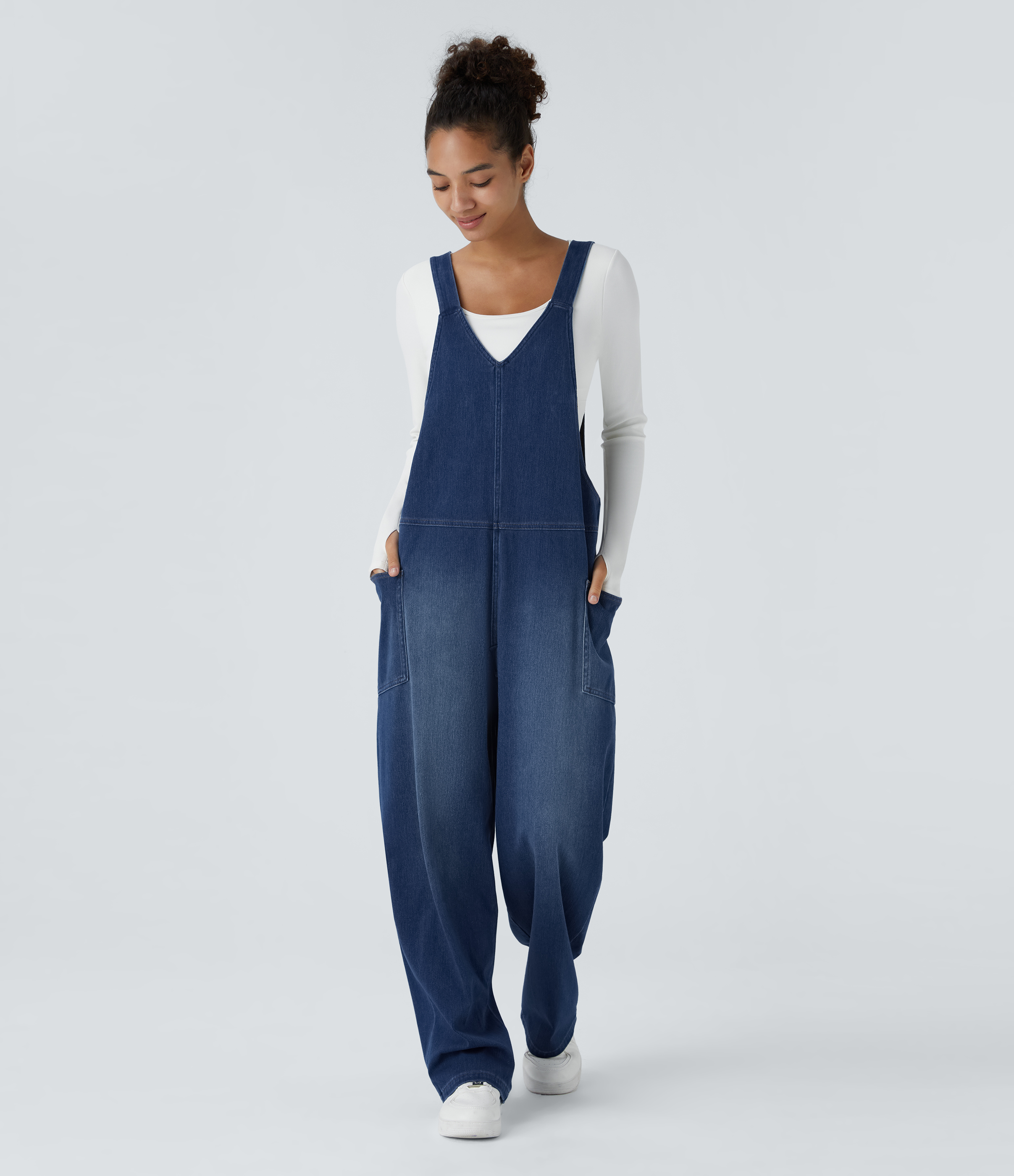 Halara Flex™ V Neck Pocket Washed Denim Casual Overalls