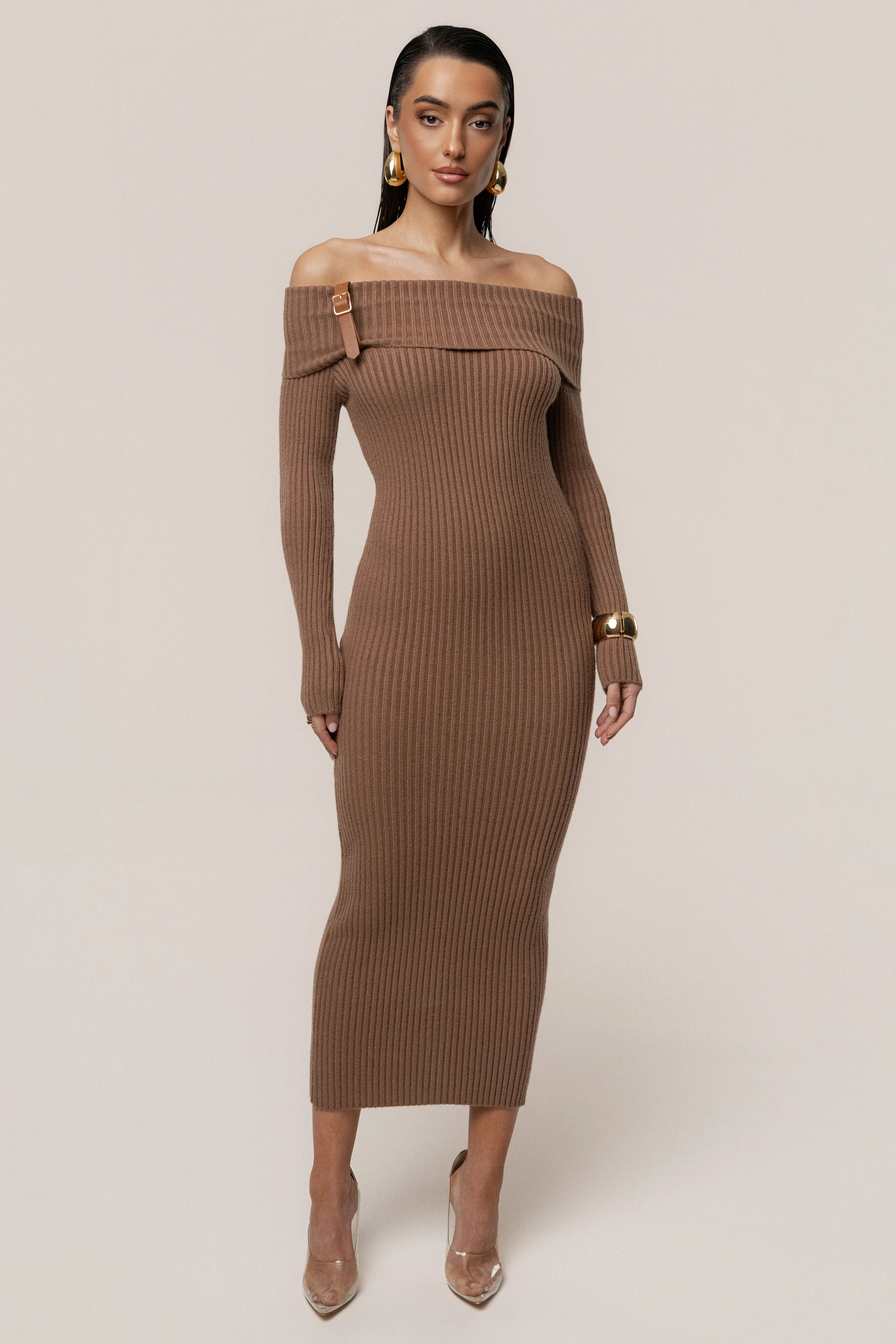 Tan Kira Ribbed Midi Dress