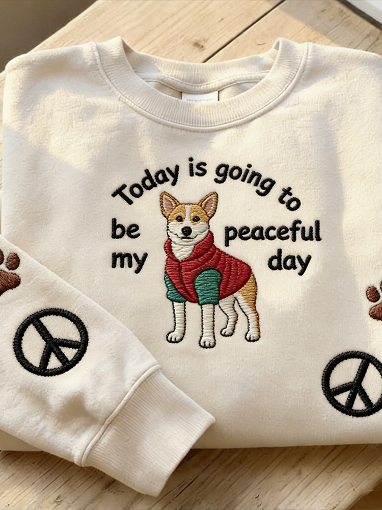 Peace Puppy Pattern Design Round Neck Casual Sweatshirt