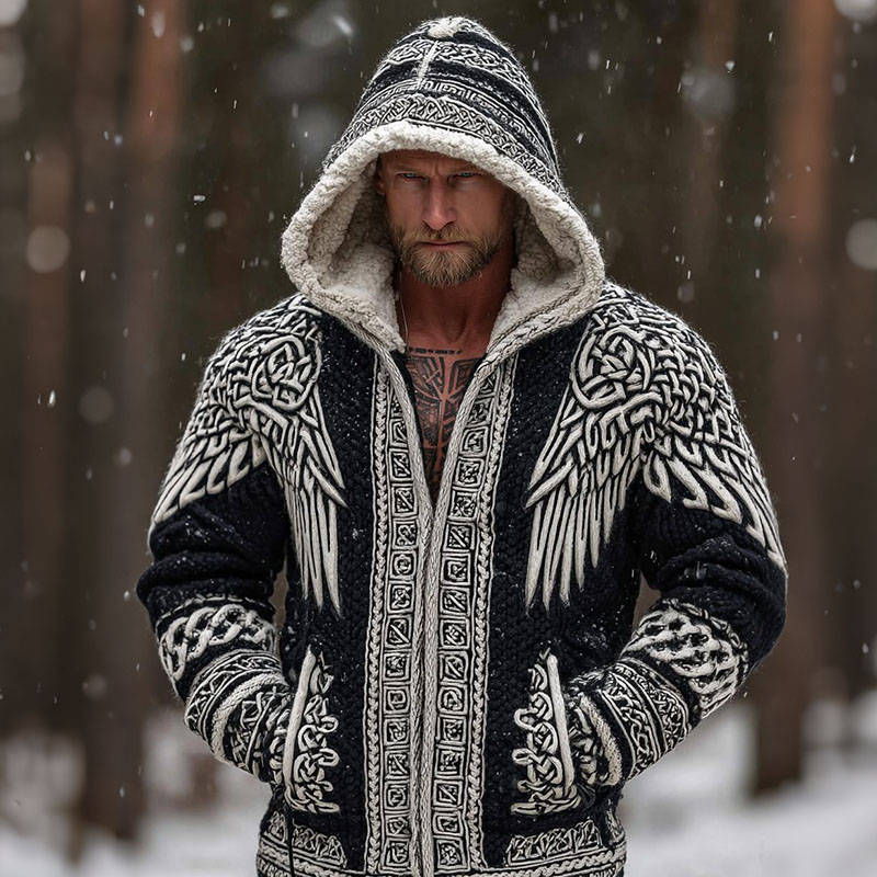 Men's Viking Celtic Knot With Wings Art Cozy Knit Hooded Sweater Jacket
