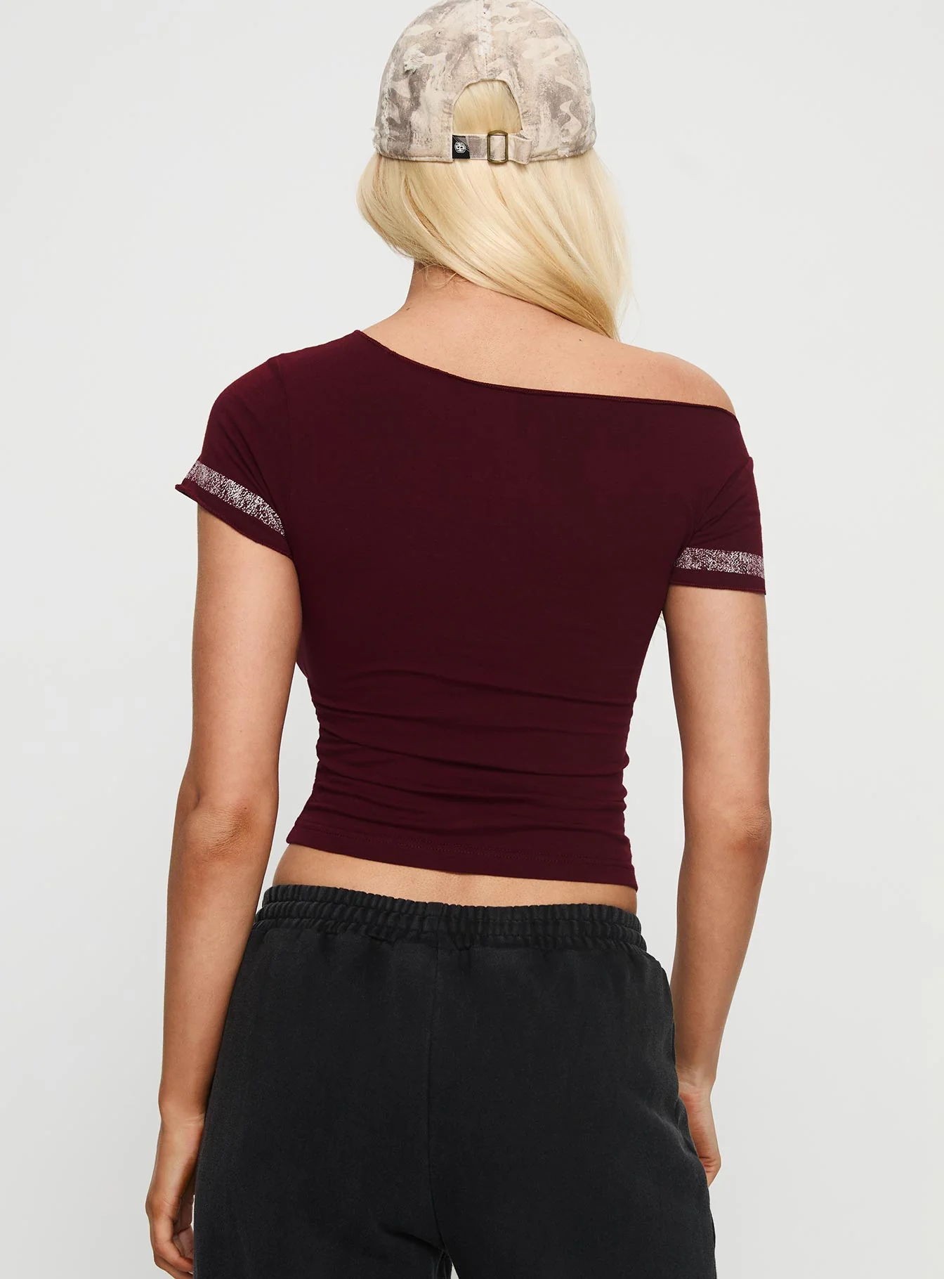 97 Authentic Off Shoulder Graphic Top Maroon