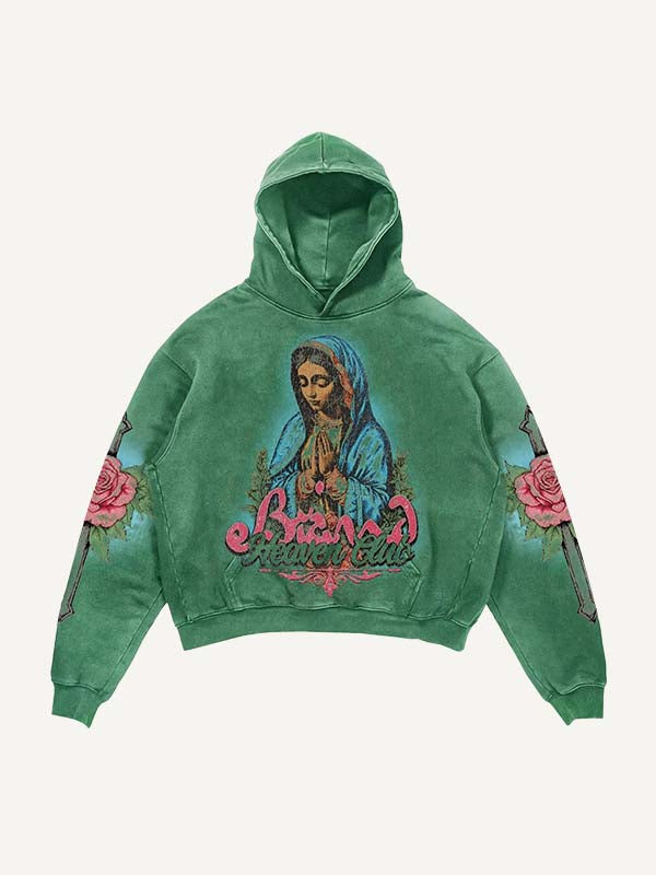 Figure&Mary&Cross&Floral&Letter Print Slant Pockets Hoodie