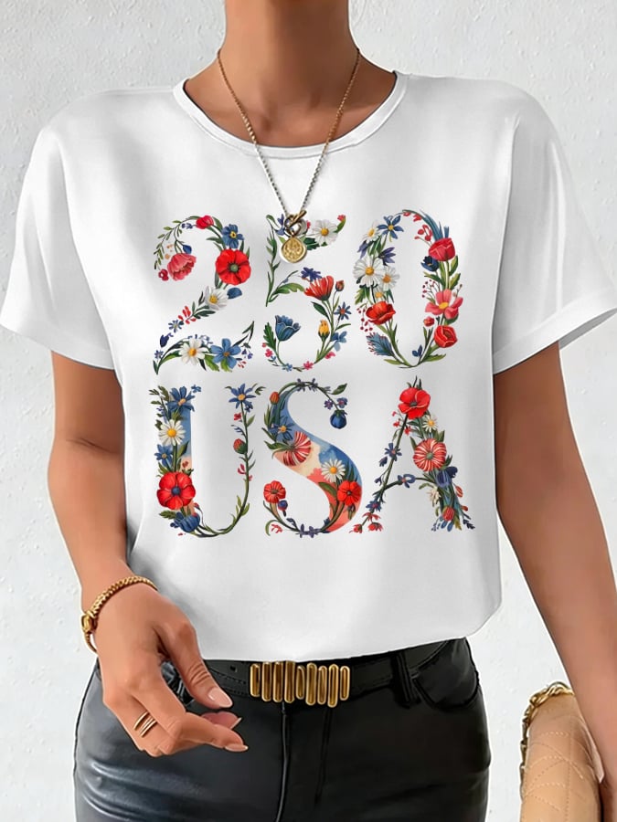 Women's 250th Anniversary National Flag Floral Print Casual T-Shirt